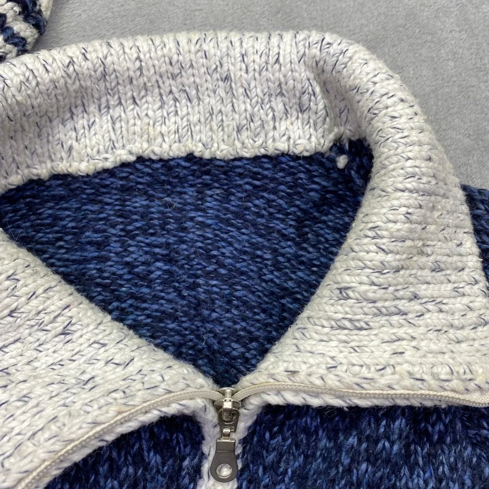 Vintage‎ Portugal Wool Blend Full Zip Greek Key Cardigan Sweater Blue White